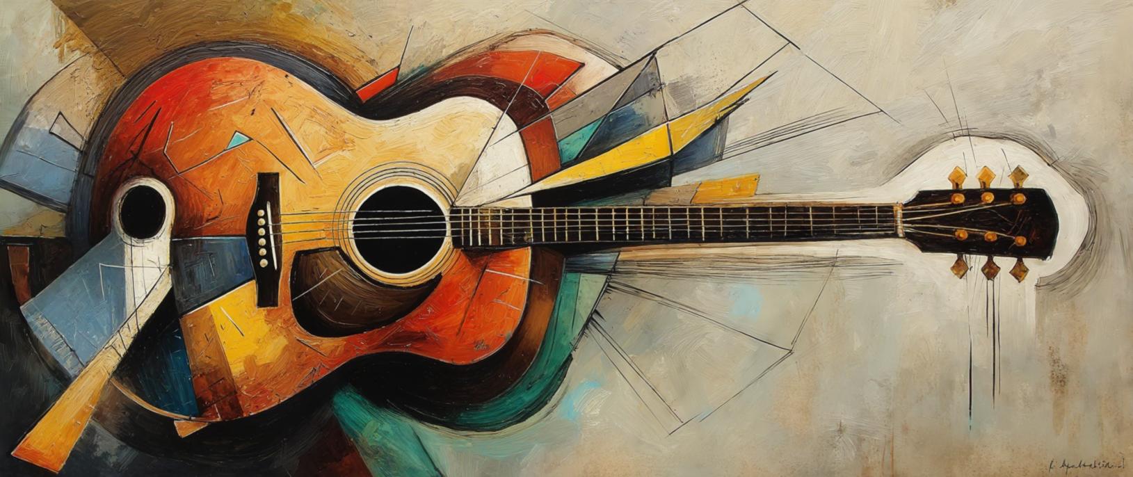 un cuadro generado por IA de una guitarra en estilo de arte abstacto. Tiene cuadros, líneas, rectángulos de diferentes colores.