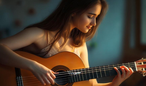 chica tocando una guitarra española en una habitación, de noches pero con una lámpara dándole en la cara. Tiene el pelo largo