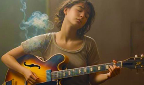 chica tocando una guitarra electrica de jazz en una habitación con poca luz. Tienes el pelo semicorto por las orejas